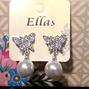 Silver Crystal Butterfly Pearl Drop Earrings